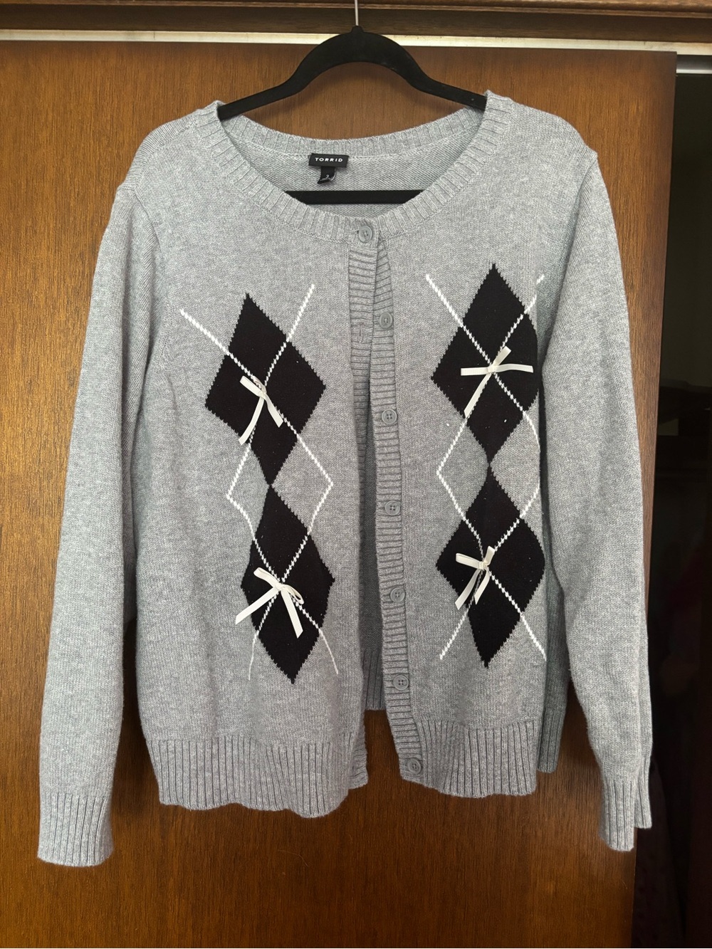 torrid Gray Argyle Bow-Accent Button Cardigan
